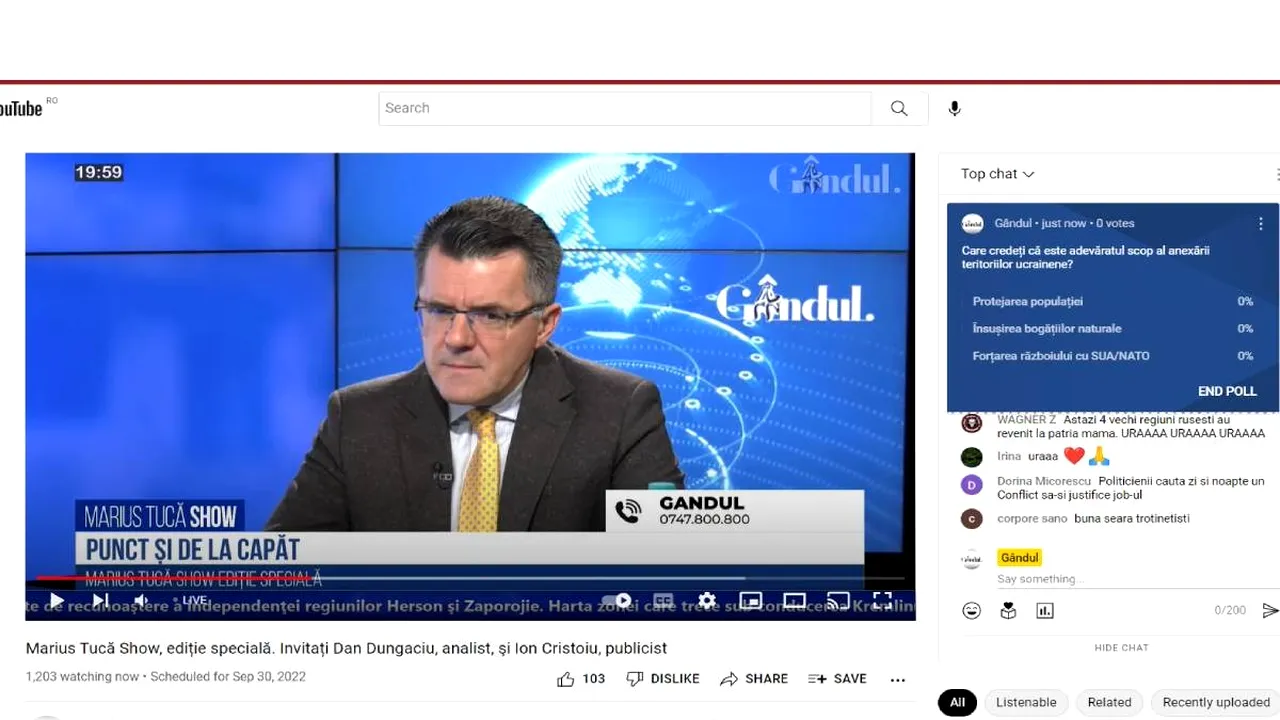 Poll Marius Tucă Show: „Care credeți că este adevăratul scop al anexării teritoriilor ucrainene?”. Din cele trei variante de răspuns, două au fost la egalitate