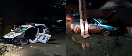 FOTO - Mașină a Poliţiei Buzău, implicată într-un accident rutier. Agentul urmărea un şofer care alimentase la o benizărie și a plecat fără să plătească. Doi oameni au ajuns la spital