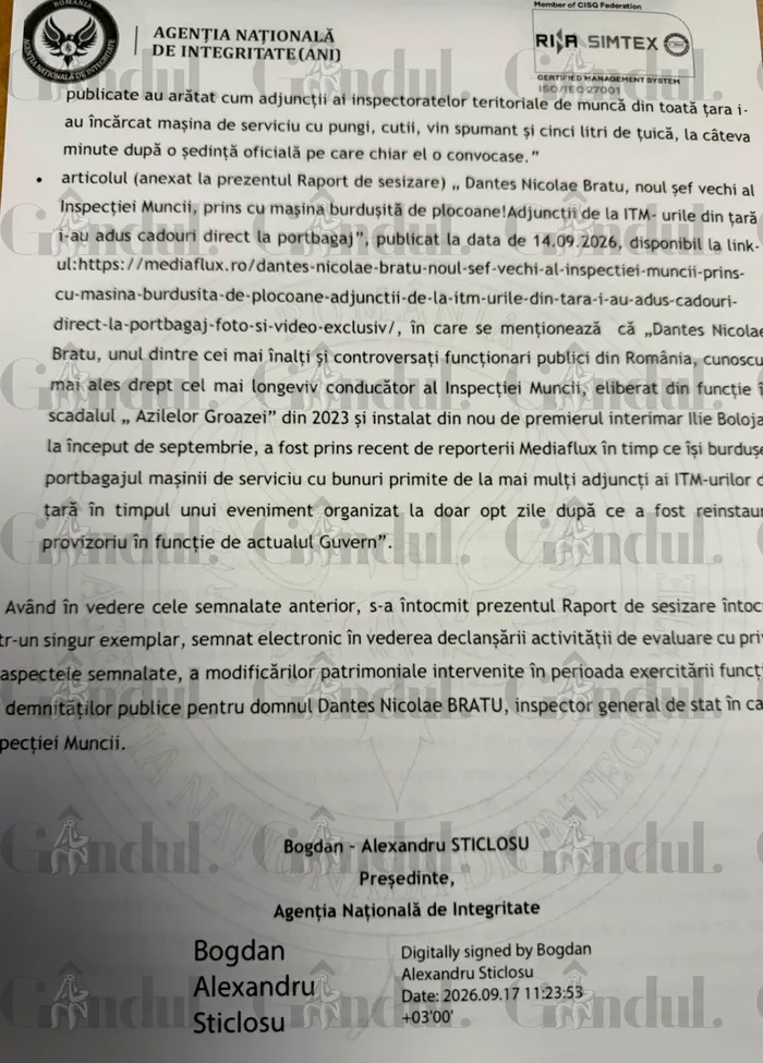 După procurorii anticorupție, s-a sesizat și Agenția Națională de Integritate în cazul șefului Inspecției Muncii, Dantes Bratu, filmat când ar fi primit atenții la portbagaj. Ce scrie în raportul de sesizare