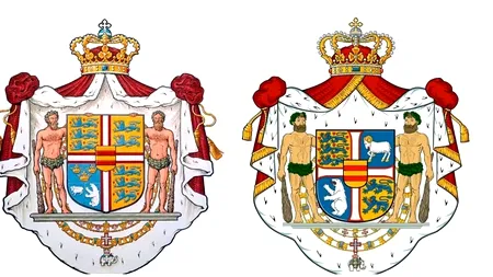 Stema regală a Danemarcei, MODIFICATĂ pentru a scoate mai mult Groenlanda și Insulele Feroe în evidență