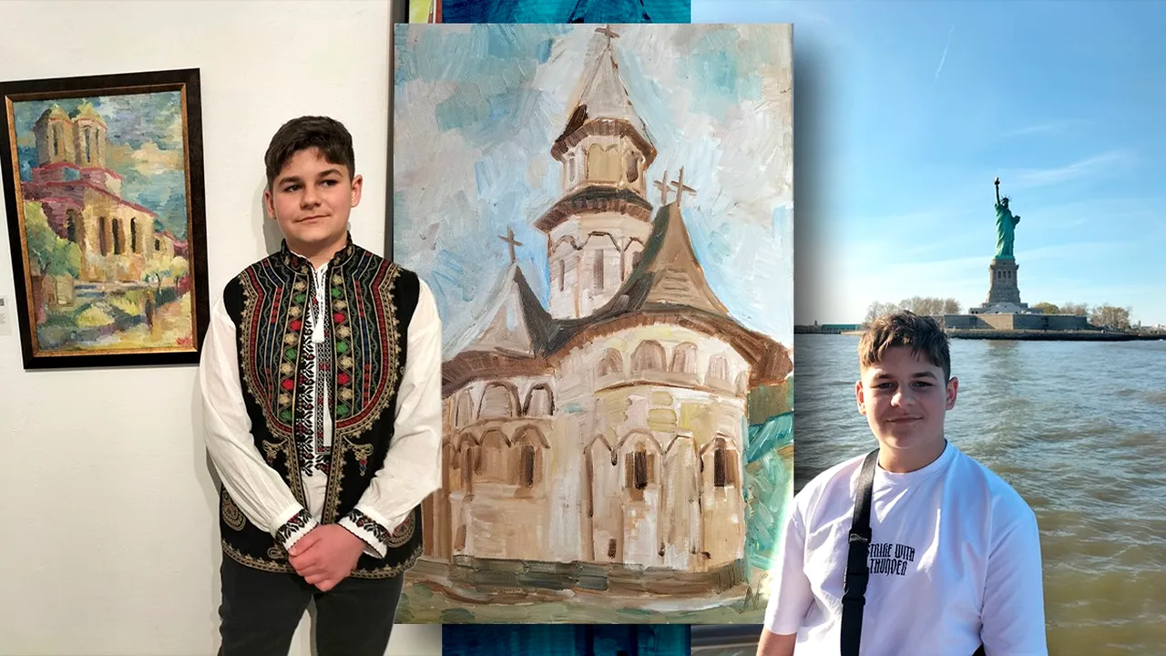 POVESTEA micului pictor care a impresionat New York-ul, cu lucrarea care ilustrează Mănăstirea Radu-Vodă. 