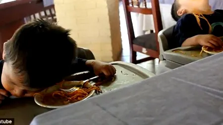 Copilăria, oboseală mare. Cum adoarme o pereche de gemeni cu capul în farfuria cu mâncare - VIDEO