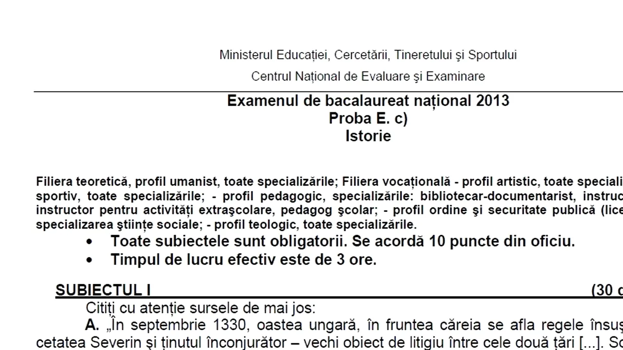 BACALAUREAT 2013. EDU.RO - Subiecte BAC 2013 la proba scrisă de istorie 
