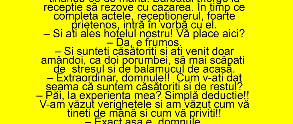 Bancul de marți | Un domn și o doamnă intră în hotel, ținându-se de mână