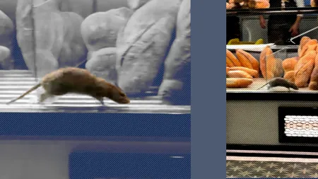 Un șobolan uriaș în vitrina cu pâine a unei brutării din București: „Hai că poate sare pe noi!”