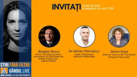 GÂNDUL LIVE. Medicul Adrian Marinescu și directorul Centrului de Transfuzie Sanguină, Doina Goșa, printre invitații Emmei Zeicescu, pe 8 mai, de la ora 11.30