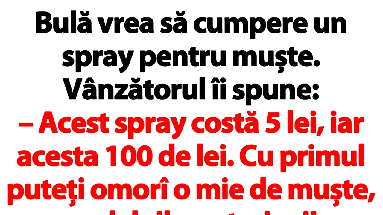 BANC | Bulă vrea să cumpere un spray pentru muște: 