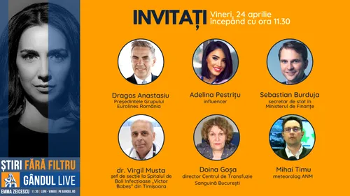 GÂNDUL LIVE. Medicul Virgil Musta și omul de afaceri Dragoș Anastasiu se află printre invitații Emmei Zeicescu, pe 24 aprilie, de la ora 11.30