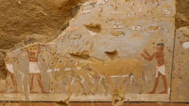 Pictură murală din Egiptul Antic. Sursa Foto: Ministerul Egiptean al Antichităților. 