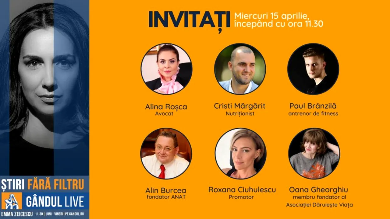 GÂNDUL LIVE | Nutriționistul Cristi Mărgărit și antrenorul de fitness Paul Brânzilă, printre invitații Emmei Zeicescu, pe 15 aprilie, de la ora 11.30