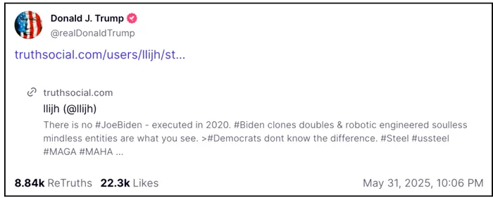 &bdquo;Biden a fost ucis &icirc;n 2020 &#537;i a fost &icirc;nlocuit de o CLON&#258;, un robot f&#259;r&#259; suflet &#537;i f&#259;r&#259; minte&rdquo;, sus&#539;ine cea mai nou&#259; teorie a conspira&#539;iei a lui Trump