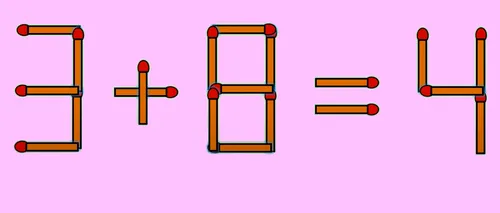 Test IQ exclusiv pentru genii | Mutați un singur chibrit, pentru a corecta 3 + 8 = 4