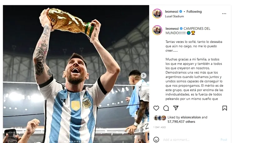 Postarea lui Lionel Messi, după ce a câștigat CM 2022, a depășit-o pe cea cu celebrul ou! Argentinianul are cea mai apreciată fotografie din istoria Instagram