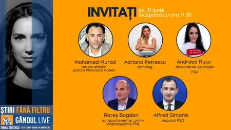 GÂNDUL LIVE. Europarlamentarul Rareș Bogdan, prim-vicepreședinte PNL, și deputatul PSD Alfred Simonis, printre invitații Emmei Zeicescu, pe 11 iunie, de la 11.30