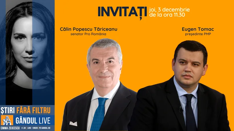 GÂNDUL LIVE. Călin Popescu Tăriceanu, senator Pro România (Social Liberal), se află printre invitații Emmei Zeicescu la ediția  de joi, 3 decembrie 2020, de la ora 11.30