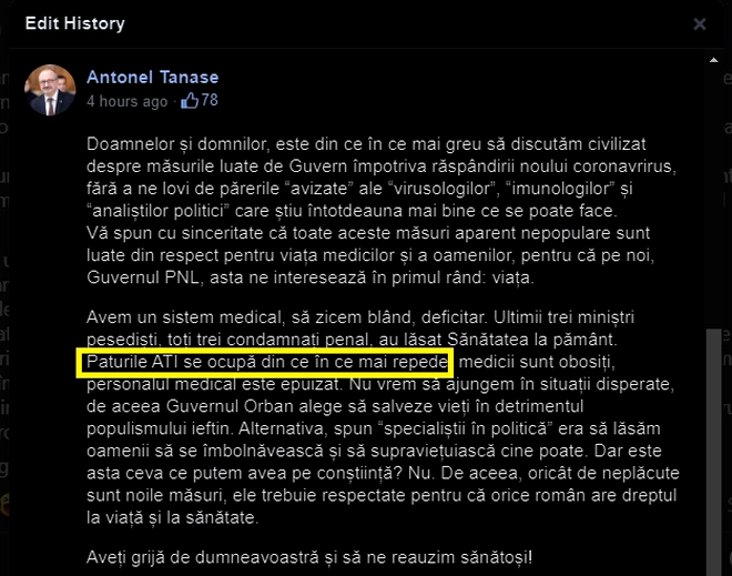 Secretarul general al Guvernului: „Toate paturile ATI sunt ocupate” / După două ore, Antonel Tănase s-a răzgândit / Sursă FOTO: Antonel Tănase - Facebook