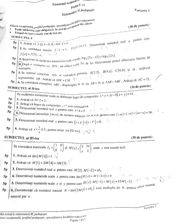 Subiectul la Matematică, profil Științe ale Naturii / Pag. 2/2 / sursă foto: Edupedu.ro