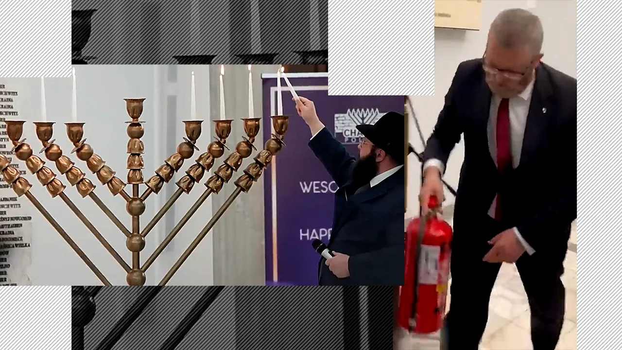 VIDEO | Deputatul extremist Grzegorz Braun a stins un menorah cu extinctorul în Parlamentul Poloniei. Sfeșnicul a fost reaprins de un rabin