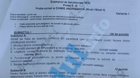 BAC 2012 SESIUNEA TOAMNĂ. SUBIECTE CHIMIE, sesiunea iunie-iulie 2012