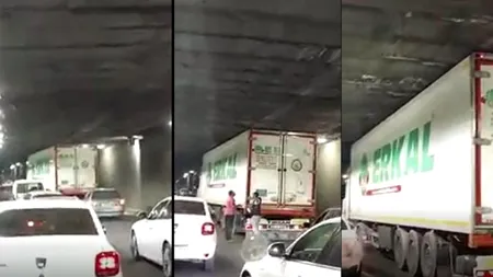 VIDEO. Cum a ajuns un camion blocat în pasajul Unirii din București: ”Careva să ridice tavanul”