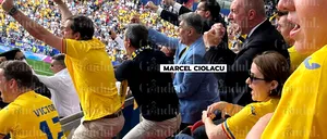 Marcel Ciolacu, poartă NOROC naționalei în prima repriză / Ciolacu, flancat de Răzvan Burleanu și Sorin Grindeanu la meciul cu Ucraina