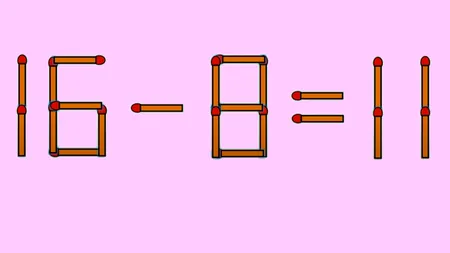 TEST IQ cu chibrituri | Transformați 16 - 8 = 11 într-o egalitate corectă, mutând un singur băț