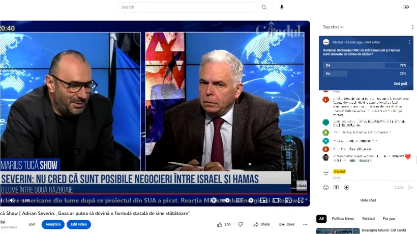 POLL Marius Tucă Show: „Susțineți declarația ONU că atât Israel cât și Hamas sunt vinovate de crime de război?”