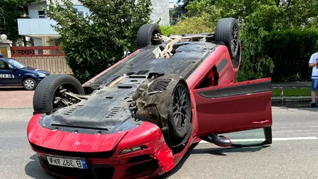 ACCIDENT. Iubita unui afacerist celebru s-a răsturnat cu mașina de lux în nordul Capitalei. Imagini fabuloase