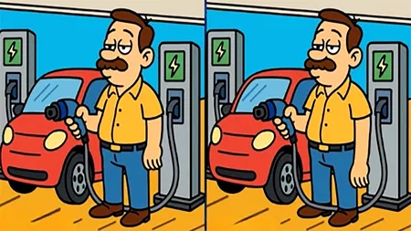 Test de logică | Găsiți toate cele 3 diferențe dintre acești doi bărbați care își încarcă mașinile electrice