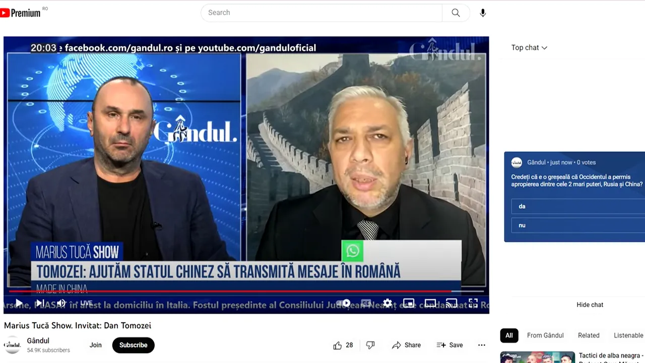 POLL Marius Tucă Show: „Credeți că este o greșeală că Occidentul a permis apropierea dintre cele două mari puteri, Rusia și China?”