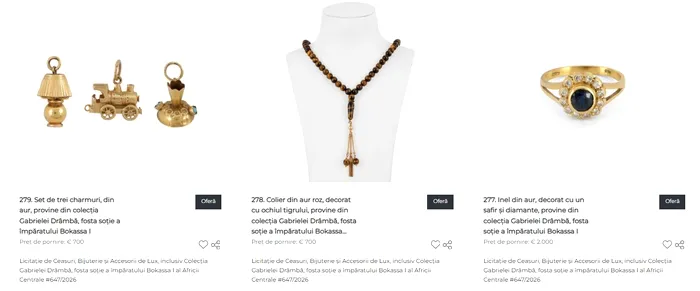 Fabuloasa colecție de bijuterii a fostei soții românce a împăratului canibal Bokassa este scoasă la licitație. În ianuarie, Gabriela Drâmbă a fost jefuită