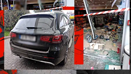 FOTO: Șoferul unui Mercedes a distrus o parte dintr-o benzinărie din Arad. Poliția: „Efectua o manevră de mers înapoi”