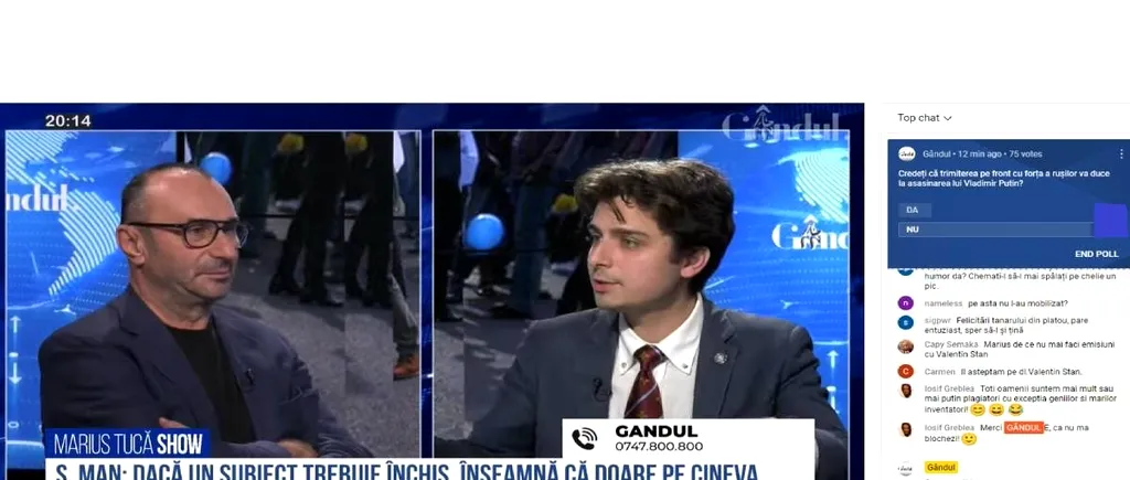 Poll Marius Tucă Show: „Credeți că trimiterea pe front cu forța a rușilor va duce la asasinarea lui Vladimir Putin?”. Peste 80% dintre români au răspuns că...