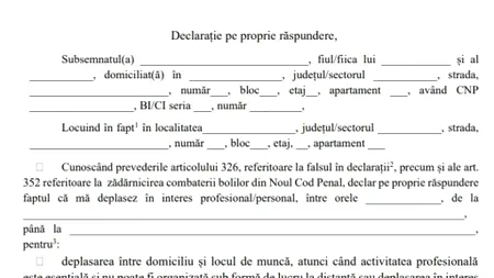 ORDONAȚA MILITARĂ | Modelul oficial al declarației pe propria răspundere cu care poți ieși din casă