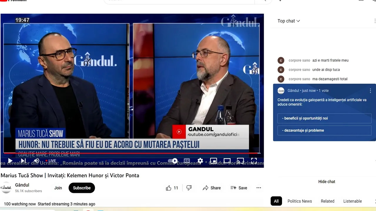 Poll Marius Tucă Show: ”Credeți că evoluția galopantă a inteligenței artificiale va aduce omenirii...”