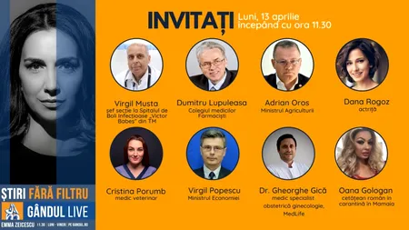 GÂNDUL LIVE. Adrian Oros, ministrul Agriculturii, Virgil Popescu, ministrul Economiei și Virgil Musta, șef secție la Spitalul de Boli Infecțioase „Victor Babeș” din Timișoara, invitații Emmei Zeicescu de la 11.30
