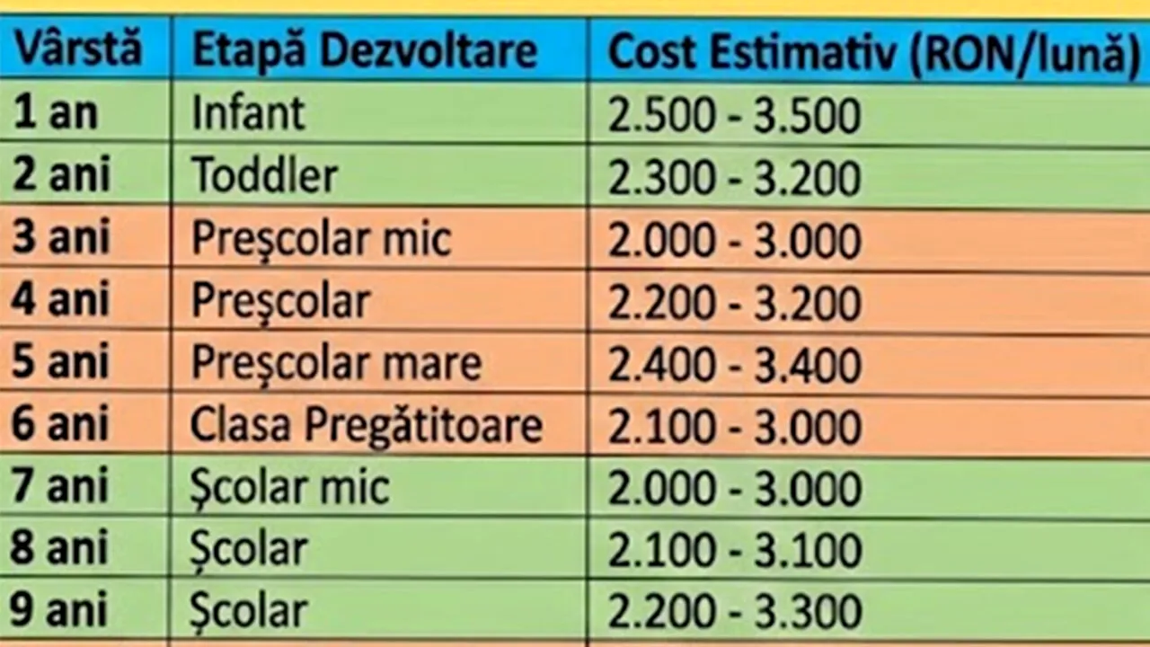 Câți lei costă lunar să crești un copil în 2026, în funcție de vârsta lui: de la 1 an la 18 ani