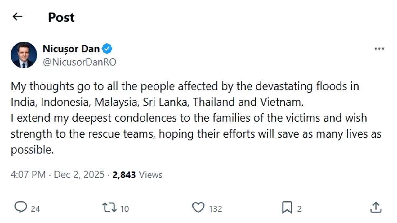Nicușor Dan, înduioșat de inundațiile din Asia. Nimic despre criza apei care afectează 100.000 de români și lovește în producția energetică a României