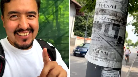 Reacția unui turist american după ce a văzut un anunț, reclamă la masaj „cu finalizare”, lipit pe un stâlp din București