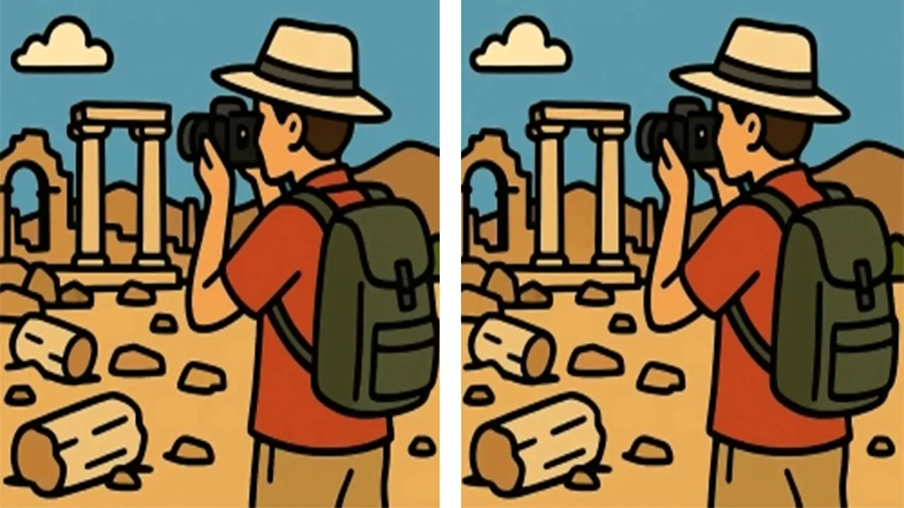 Test de perspicacitate | Acești doi turiști par identici, dar nu sunt. Găsiți cele 3 diferențe!