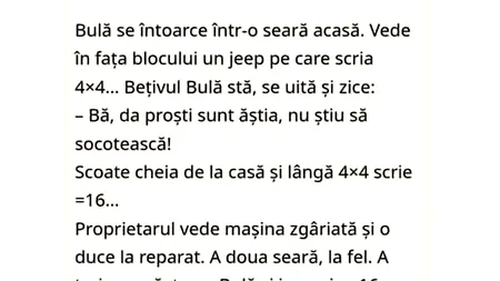 BANCUL ZILEI | Bulă se întoarce acasă și vede un Jeep în fața blocului