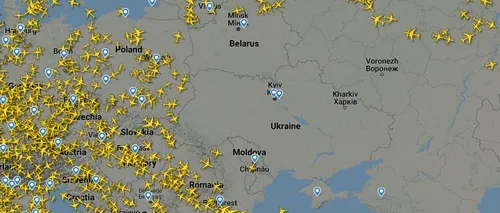 FOTO | Imaginea războiului din Ucraina, realizată prin Flightradar: Niciun avion nu mai zboară prin spațiul ucrainean, iar traficul este deviat pe la noi