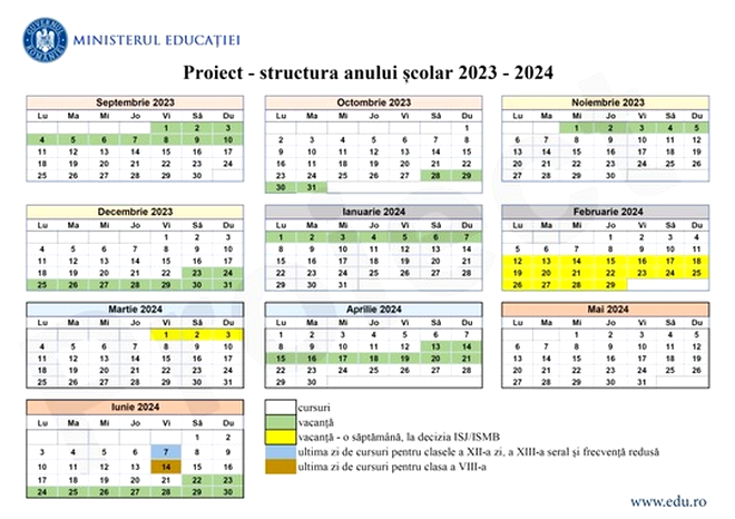 Calendarul anului școlar 2023-2024, lansat în dezbatere de Ministerul Educației / Sursa foto: edu.ro
