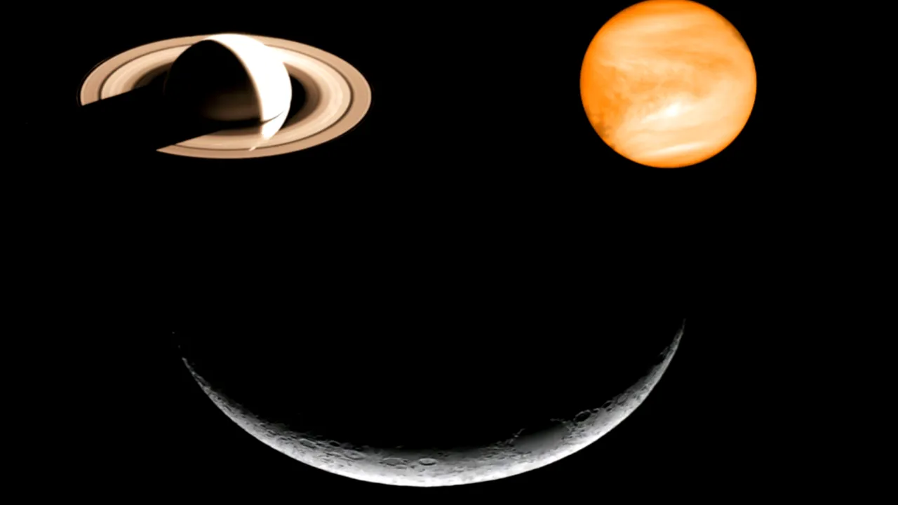 Pe 25 aprilie 2025, cerul nopții le va „ZÂMBI” pământenilor înainte de răsărit: Luna, Venus și Saturn, aliniate pe cer într-o conjuncție triplă