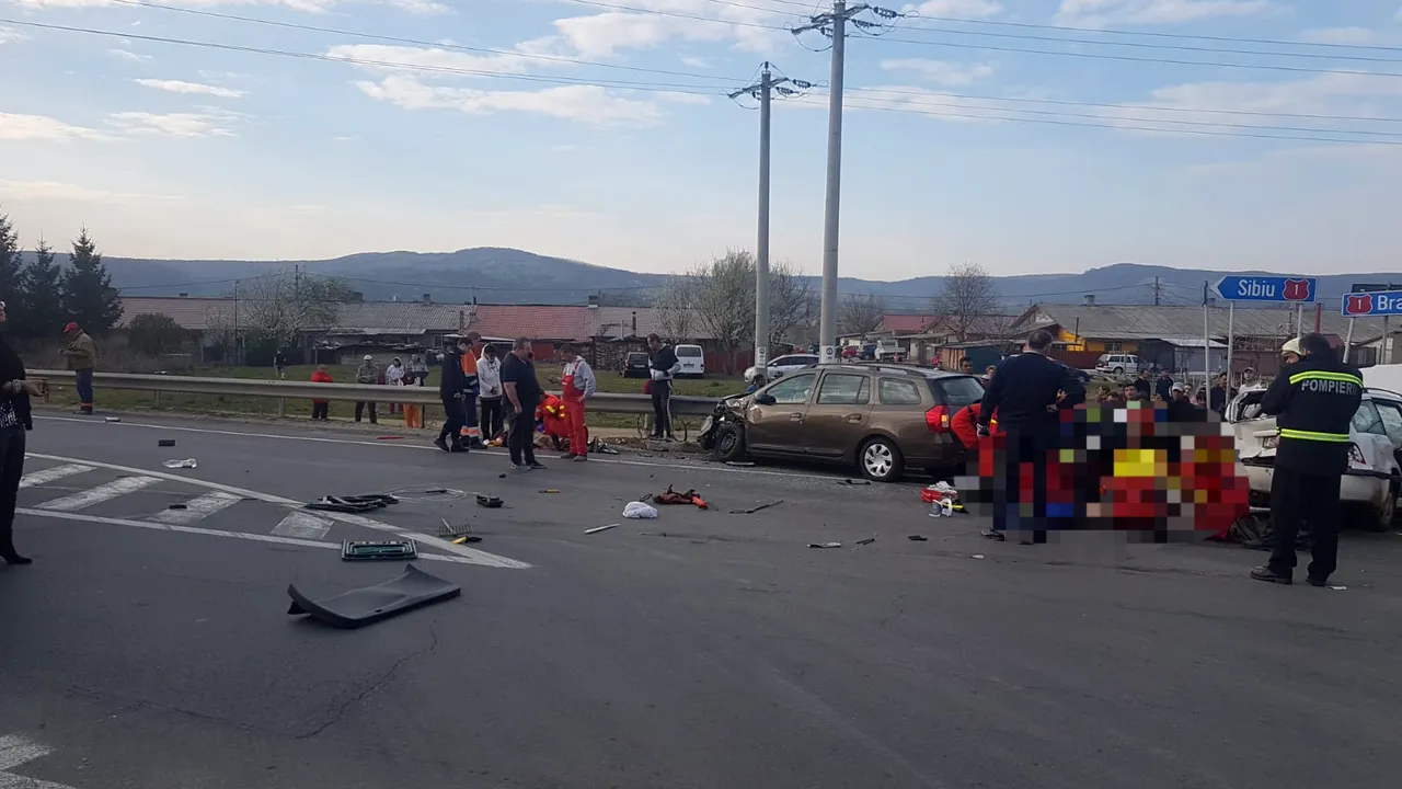 Accident grav în Sibiu: Trei răniți în urma coliziunii dintre două mașini și un TIR