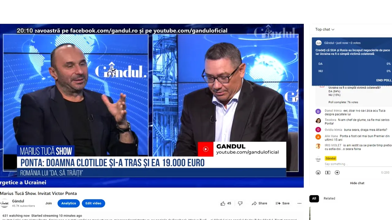 Poll Marius Tucă Show: „Credeți că SUA și Rusia au început negocierile de pace, iar Ucraina va fi o simplă victimă colaterală?”
