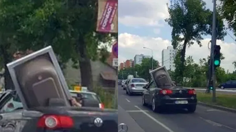 Cadă de baie transportată într-o mașină decapotabilă pe străzile din Timișoara
