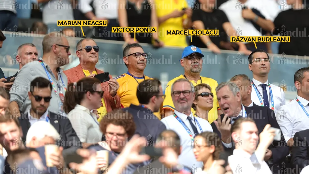 Marcel CIOLACU, alături de Victor Ponta, vicepremierul Marian Neacșu și șeful FRF, Răzvan Burleanu, în tribune la meciul ROMÂNIA-SLOVACIA