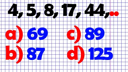 Test de inteligență pentru genii | Ce număr urmează în seria 4, 5, 8, 17, 44?