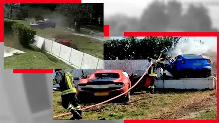 VIDEO: Două Ferrari se IZBESC, în același timp, de gardul unei vile. Camerele de supraveghere au surprins momentul în care mașinile de sute de mii de euro s-au făcut praf